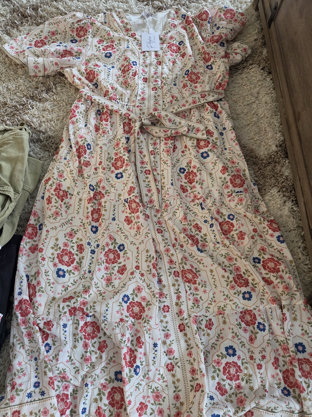 Cream Floral Maxi Dress with Pink & Blue Blooms and Waist Tie